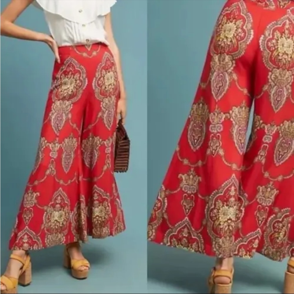 Anthropologie Ett:twa Flared Wide Leg Red Orange Printed Palazzo Pants sz 4